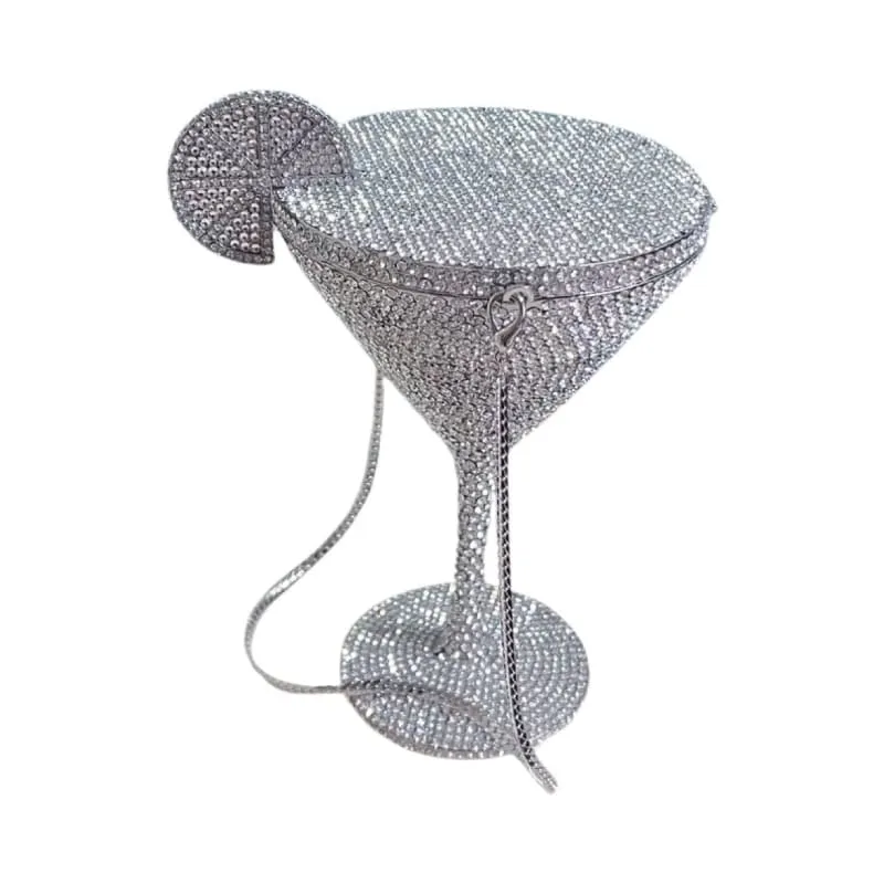 Glittery Rhinestone Studded Cocktail Glass with Compact Mirror and Lipstick