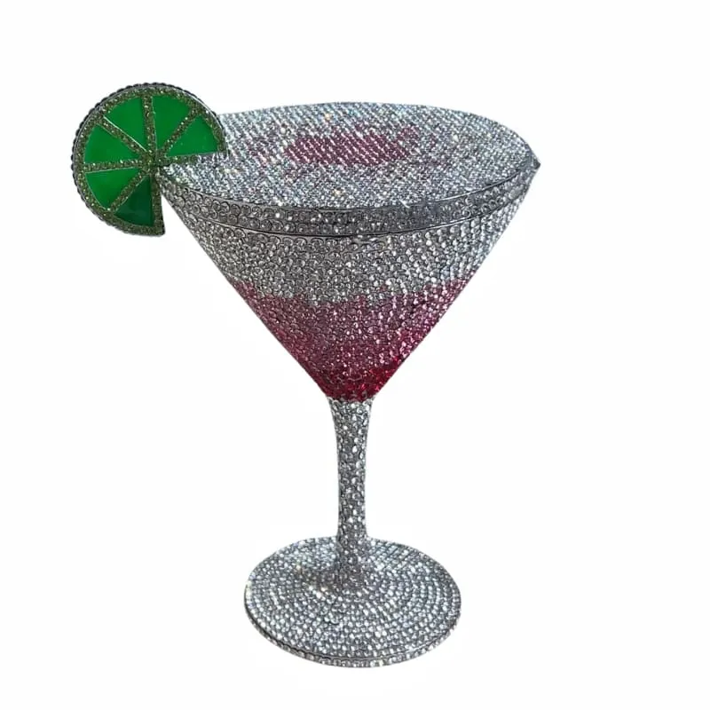 Glittery Rhinestone Studded Cocktail Glass with Compact Mirror and Lipstick