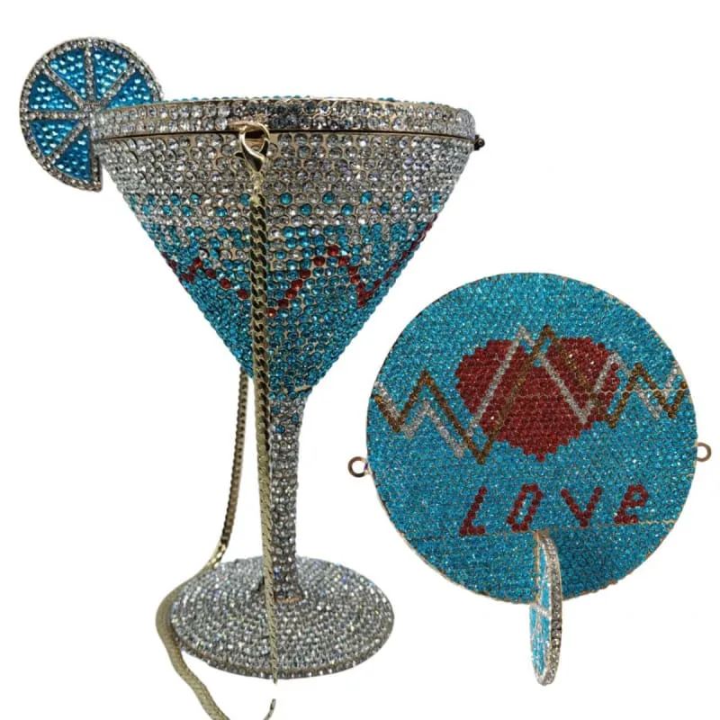 Glittery Rhinestone Studded Cocktail Glass with Compact Mirror and Lipstick