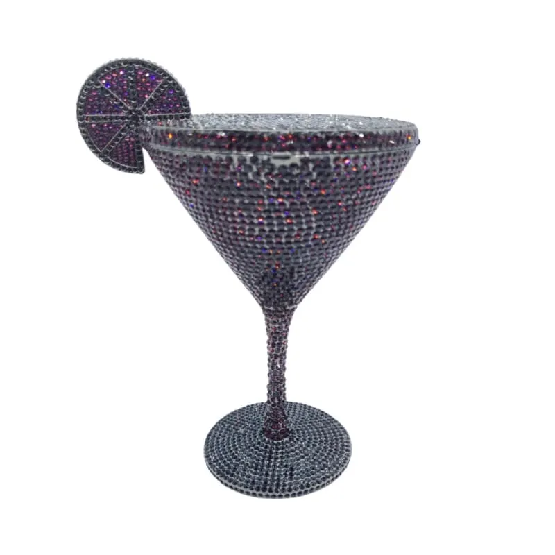 Glittery Rhinestone Studded Cocktail Glass with Compact Mirror and Lipstick