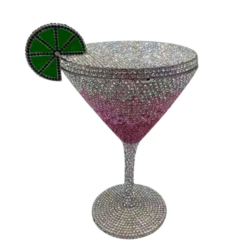 Glittery Rhinestone Studded Cocktail Glass with Compact Mirror and Lipstick