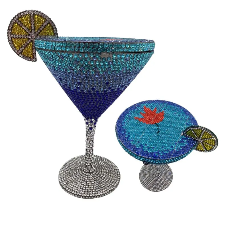 Glittery Rhinestone Studded Cocktail Glass with Compact Mirror and Lipstick