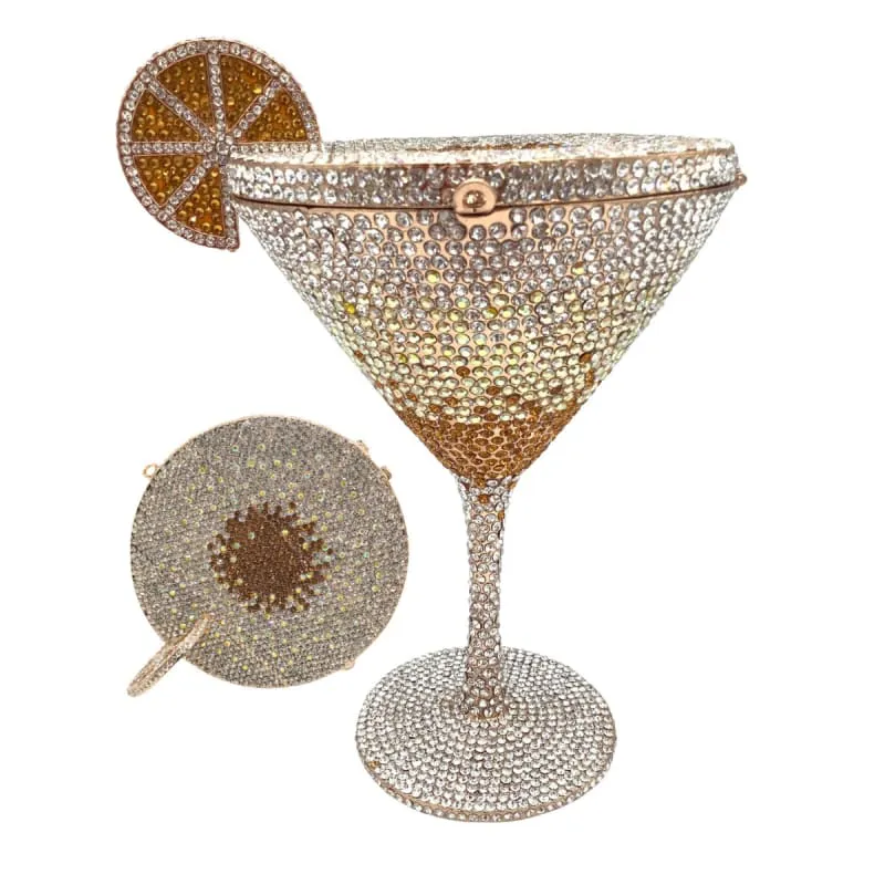 Glittery Rhinestone Studded Cocktail Glass with Compact Mirror and Lipstick