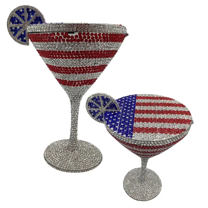 Glittery Rhinestone Studded Cocktail Glass with Compact Mirror and Lipstick