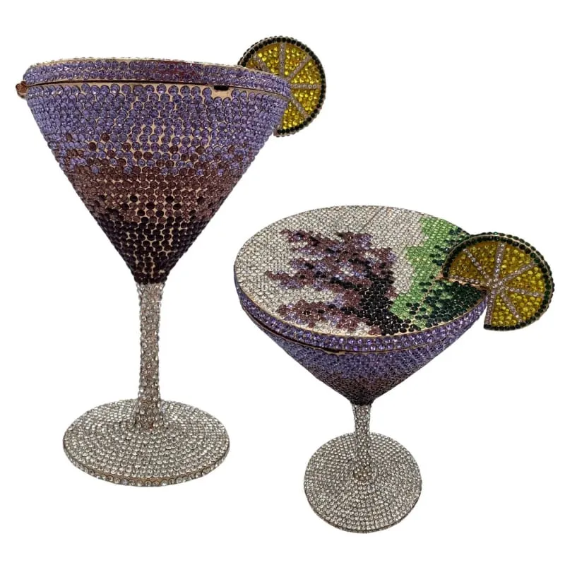 Glittery Rhinestone Studded Cocktail Glass with Compact Mirror and Lipstick