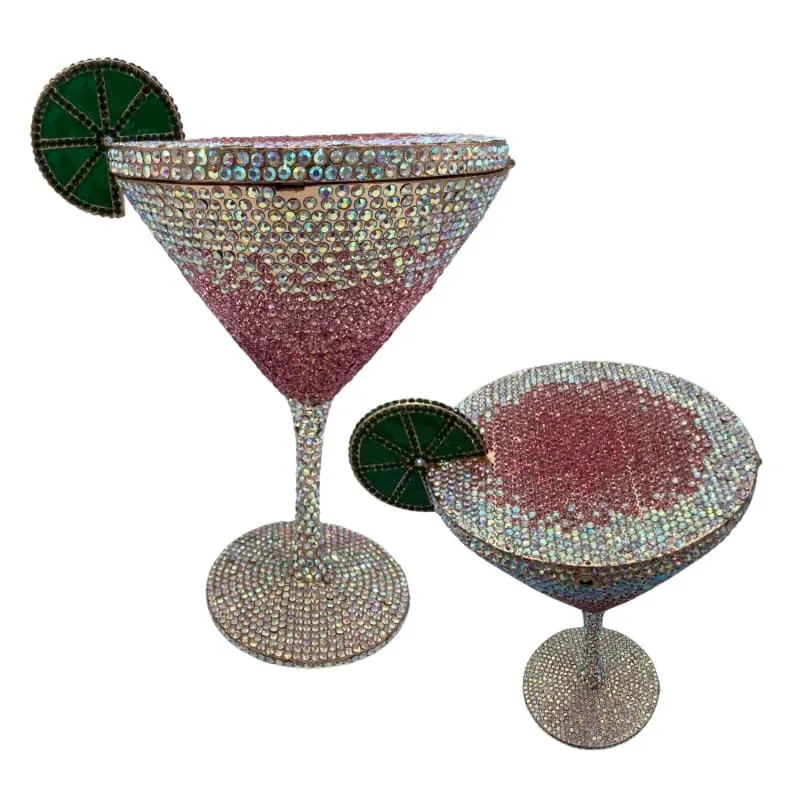 Glittery Rhinestone Studded Cocktail Glass with Compact Mirror and Lipstick