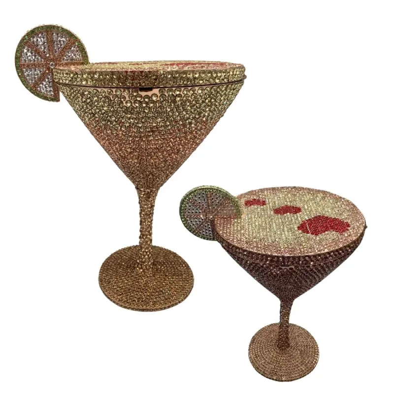 Glittery Rhinestone Studded Cocktail Glass with Compact Mirror and Lipstick