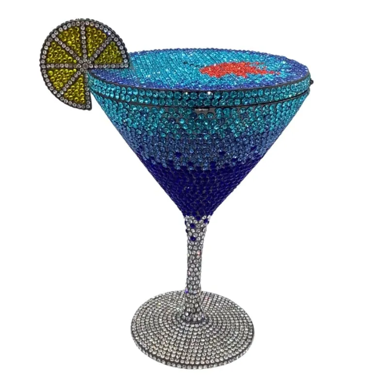 Glittery Rhinestone Studded Cocktail Glass with Compact Mirror and Lipstick