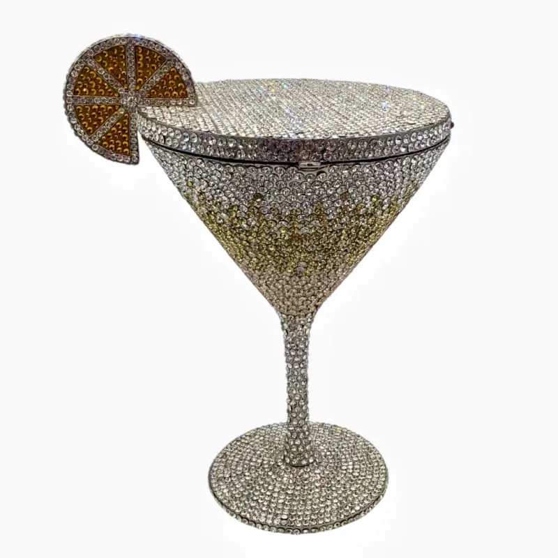 Glittery Rhinestone Studded Cocktail Glass with Compact Mirror and Lipstick