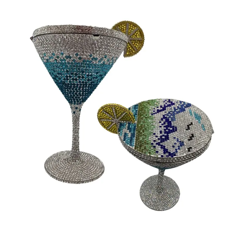 Glittery Rhinestone Studded Cocktail Glass with Compact Mirror and Lipstick