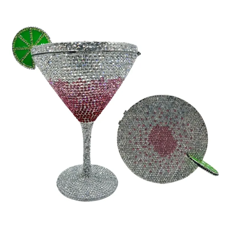 Glittery Rhinestone Studded Cocktail Glass with Compact Mirror and Lipstick