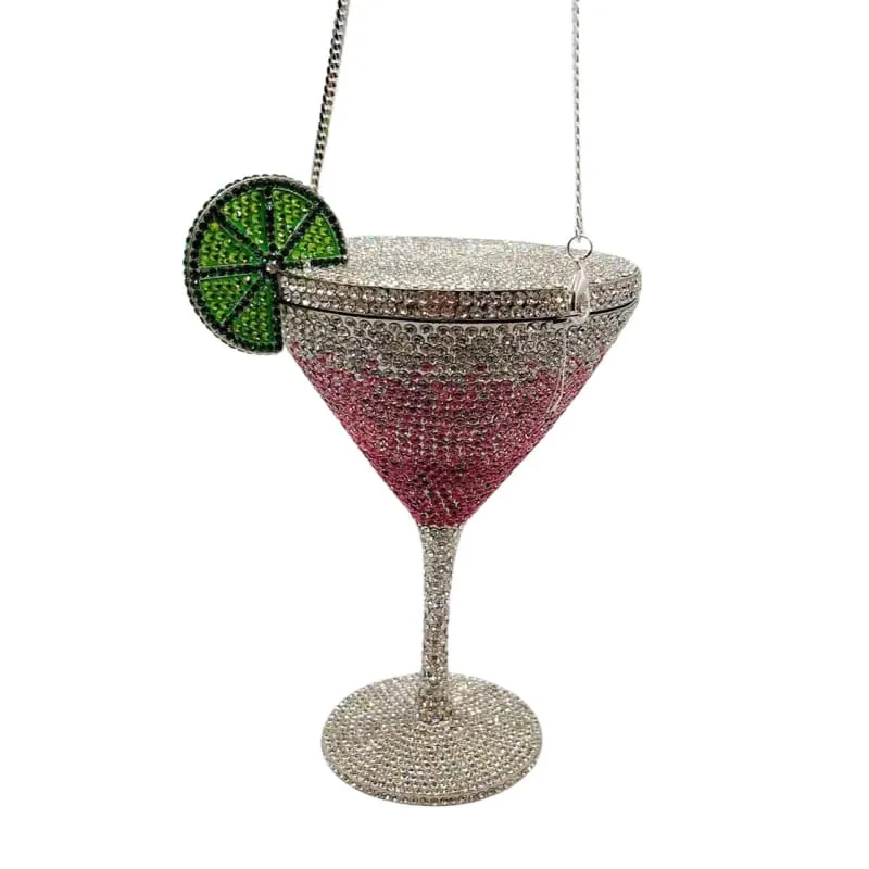 Glittery Rhinestone Studded Cocktail Glass with Compact Mirror and Lipstick