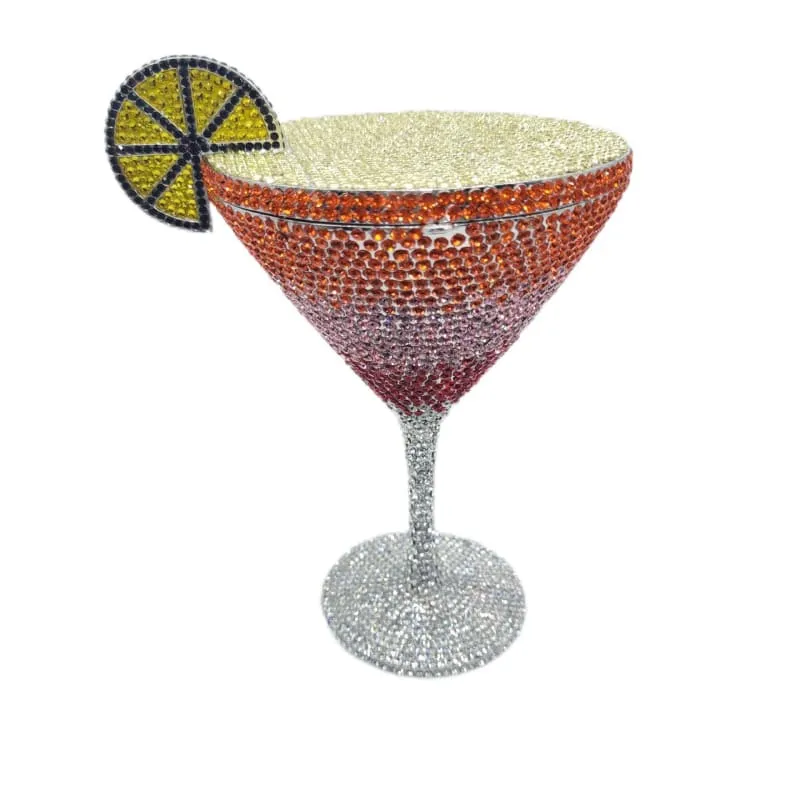 Glittery Rhinestone Studded Cocktail Glass with Compact Mirror and Lipstick