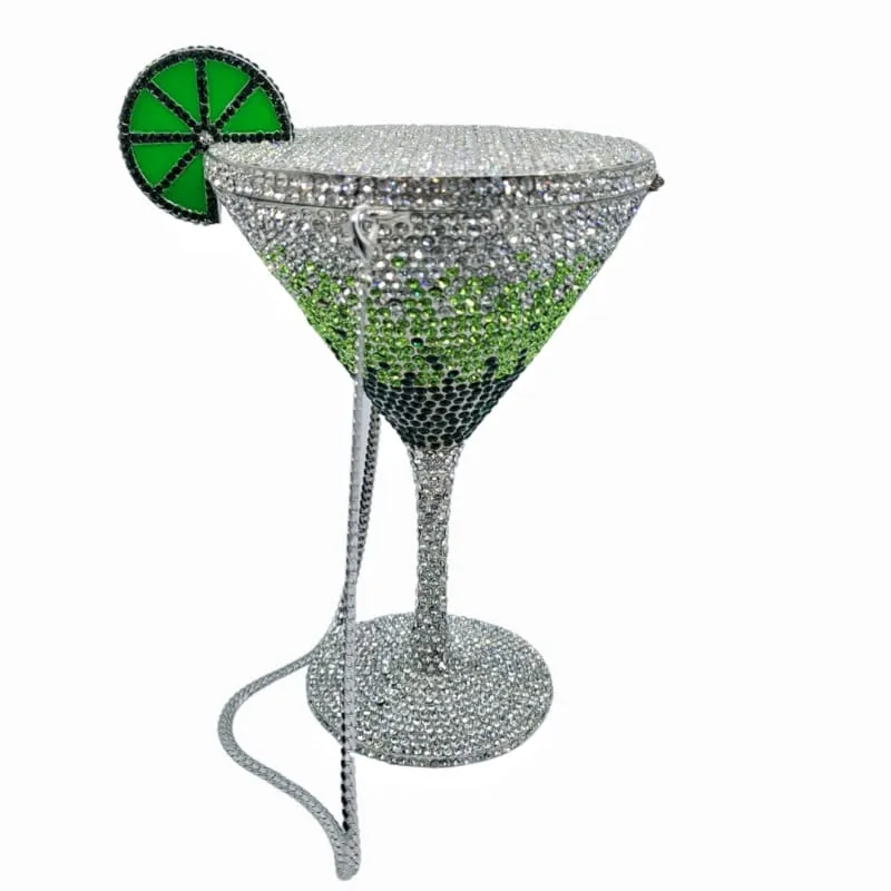 Glittery Rhinestone Studded Cocktail Glass with Compact Mirror and Lipstick