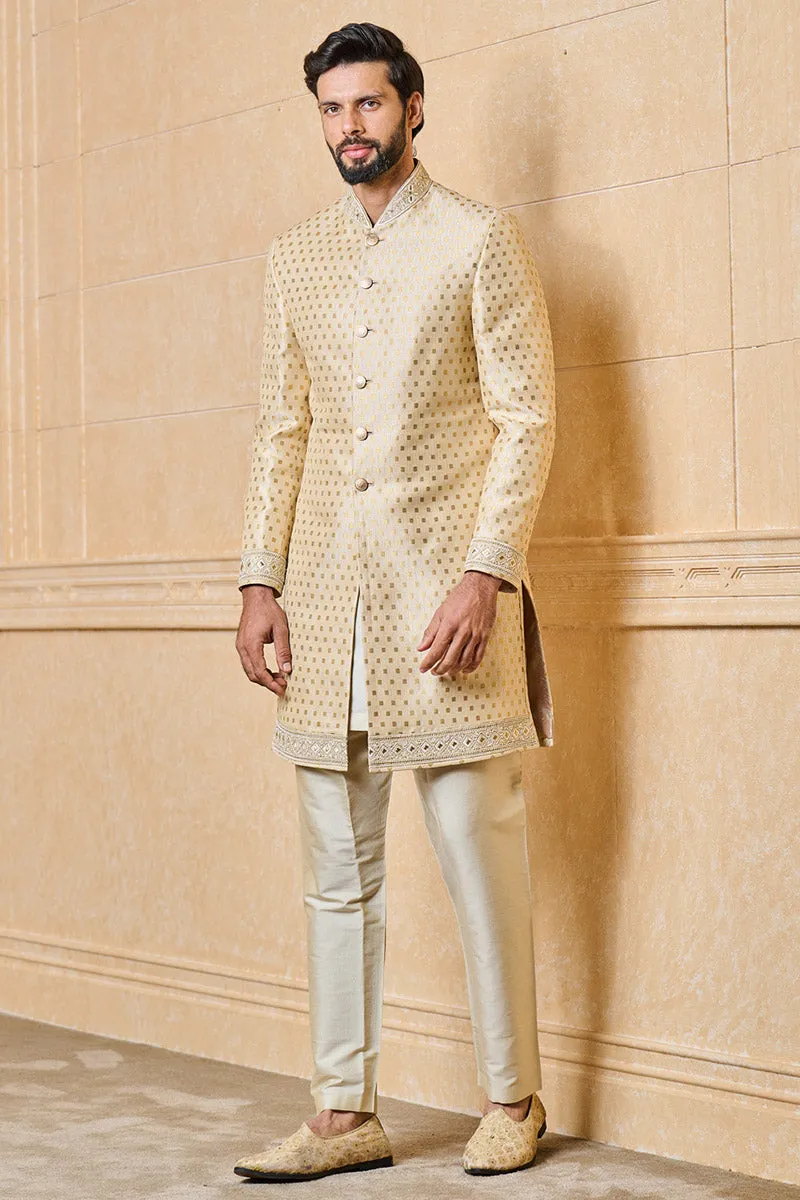 Gold Classic Achkan With Embroidery Details