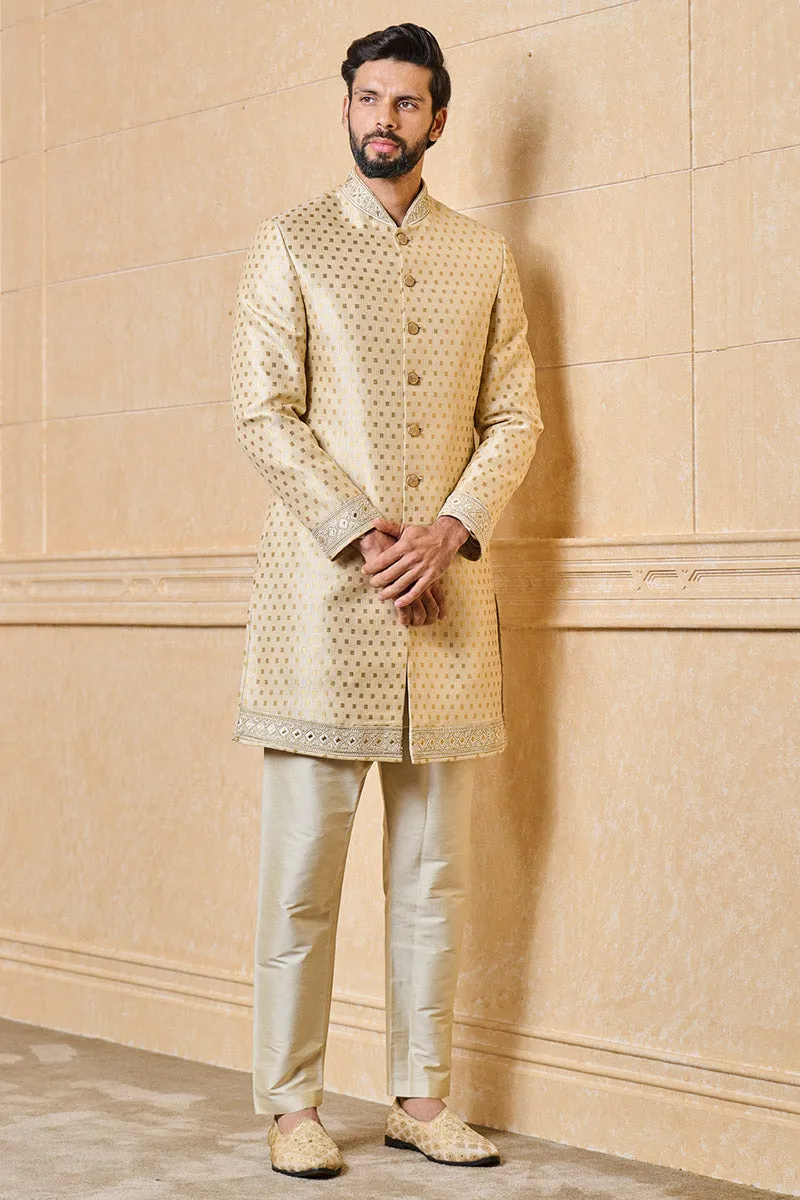 Gold Classic Achkan With Embroidery Details