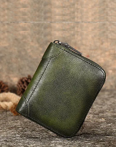 Green Small Leather Bifold Wallet Around Zip Billfold Cute Women Zipper Wallet For Ladies