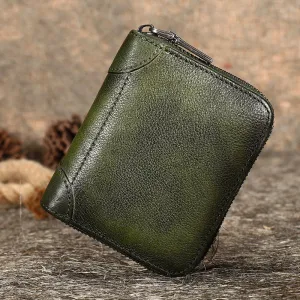 Green Small Leather Bifold Wallet Around Zip Billfold Cute Women Zipper Wallet For Ladies