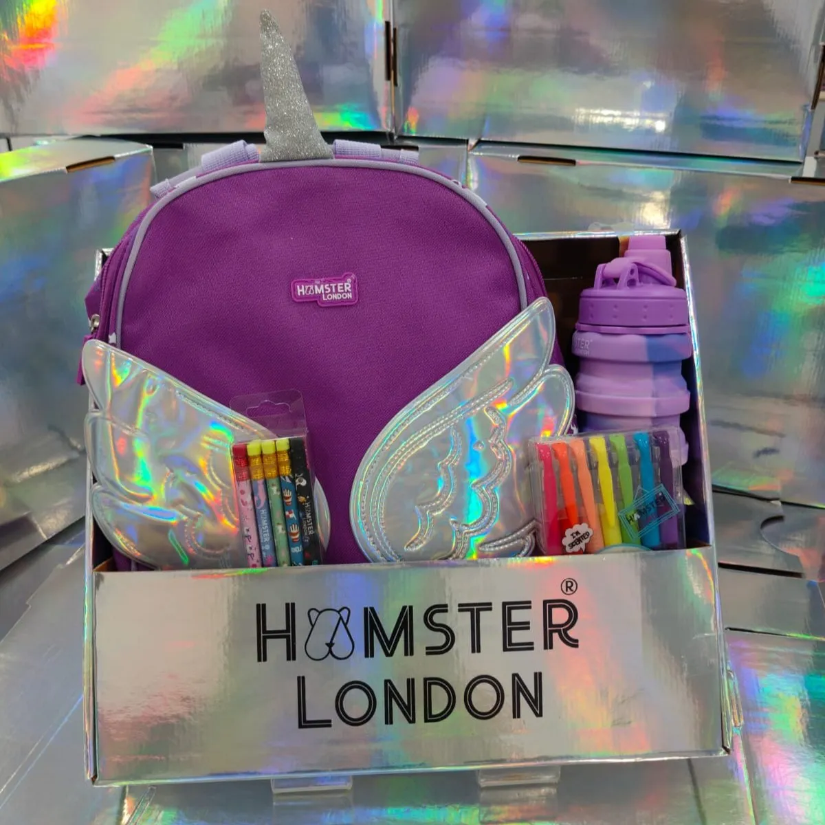 Hamster London Gift Hamper Purple Wing Backpack, Set of 10 Pencil, Glitter pen, Luggage tag & Bottle