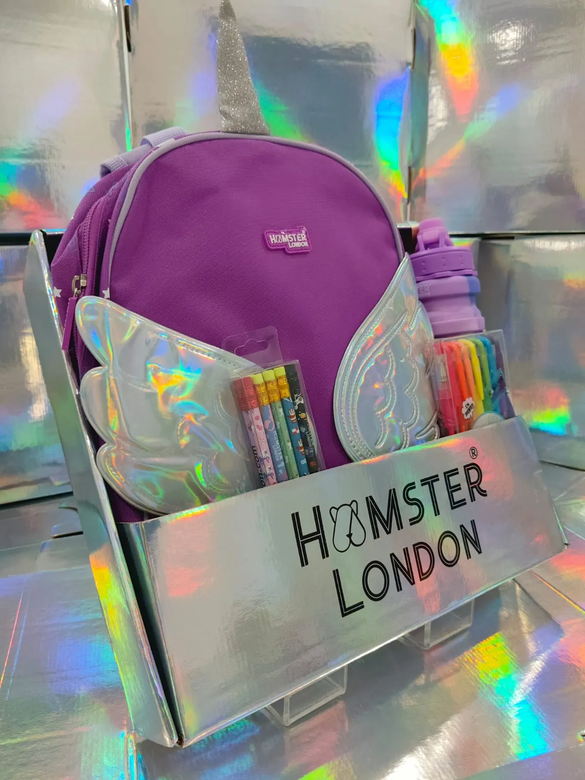 Hamster London Gift Hamper Purple Wing Backpack, Set of 10 Pencil, Glitter pen, Luggage tag & Bottle