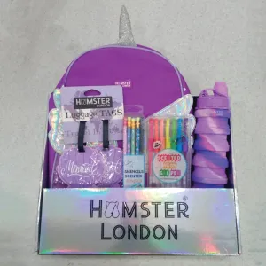 Hamster London Gift Hamper Purple Wing Backpack, Set of 10 Pencil, Glitter pen, Luggage tag & Bottle