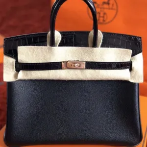 Hermès Birkin Limited Edition 25 Noir (Black) Touch Novillo Crocodile Niloticus Lisse Rose Gold Hardware RGHW