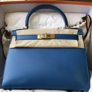 Hermès Kelly 28 Bleu Izmir Sellier Tadelakt Gold Hardware GHW