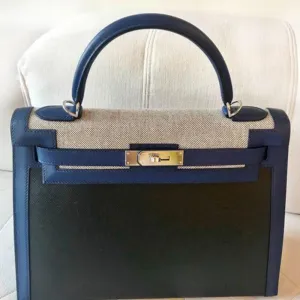 Hermès Kelly Limited Edition 32 Noir (Black)/Bleu Saphir Berline Toile Palladium Hardware PHW