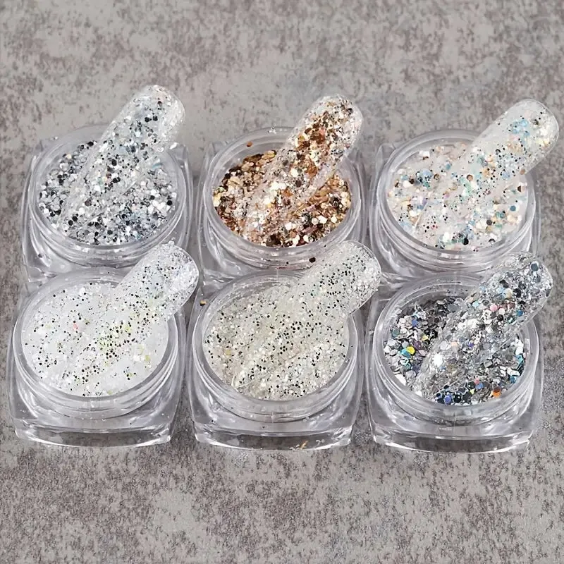 Holographic Nail Art Sequins Glitter Kits | 6 Boxes 3D Nails Glitter Metallic Shining Flakes | Acrylic Powder Dust Sequins