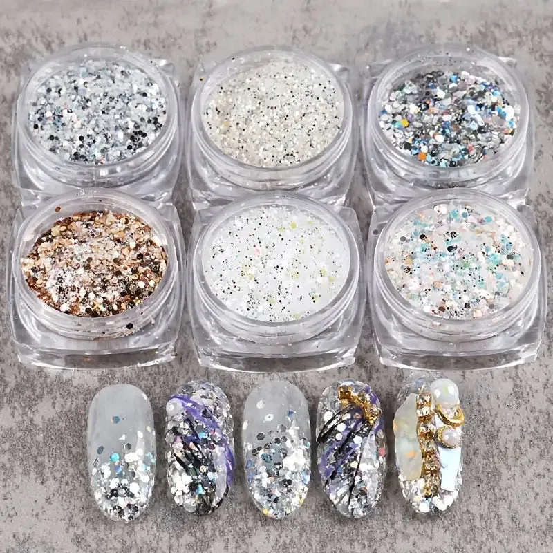 Holographic Nail Art Sequins Glitter Kits | 6 Boxes 3D Nails Glitter Metallic Shining Flakes | Acrylic Powder Dust Sequins