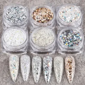 Holographic Nail Art Sequins Glitter Kits | 6 Boxes 3D Nails Glitter Metallic Shining Flakes | Acrylic Powder Dust Sequins