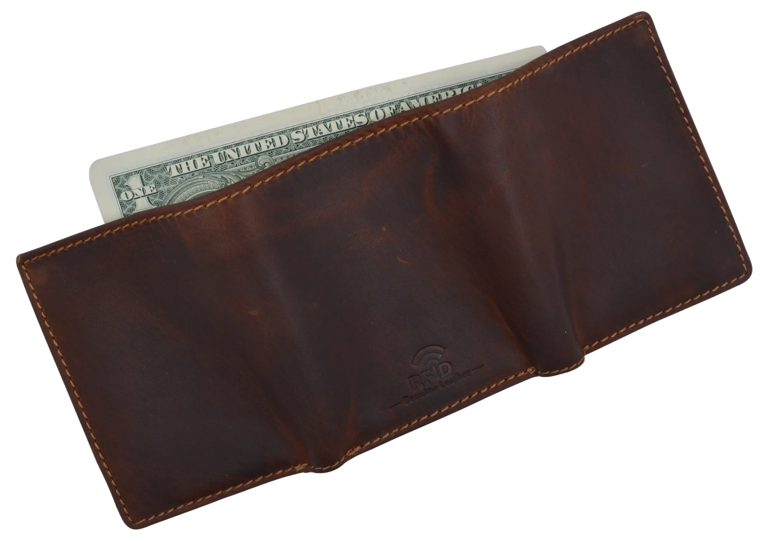 Leather Trifold RFID Brown Wallet For Men With Flip Out ID Holder