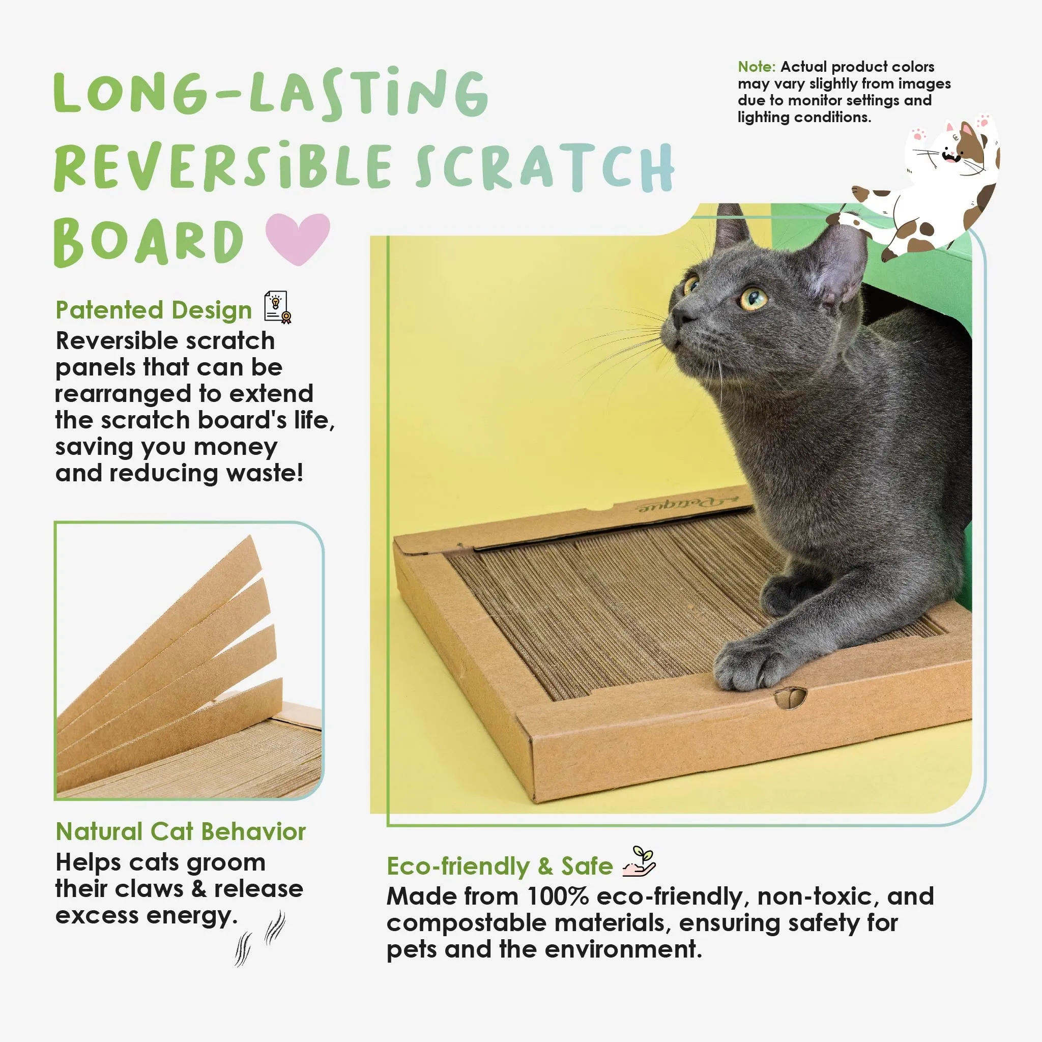 Long-Lasting Reversible Scratch Board, 100% Eco-Friendly, Food Grade Cardboard, Non-Toxic, No Harmful Chemicals, Light & Sturdy, Plant-Based Glue, Reversible Panels, Compostable, Sustainable, Biodegradable