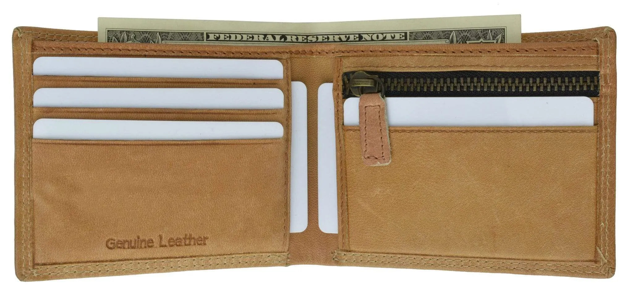 Mens Hunter Leather Series Card Holder Zipper Pocket Bifold Wallet HU 1658