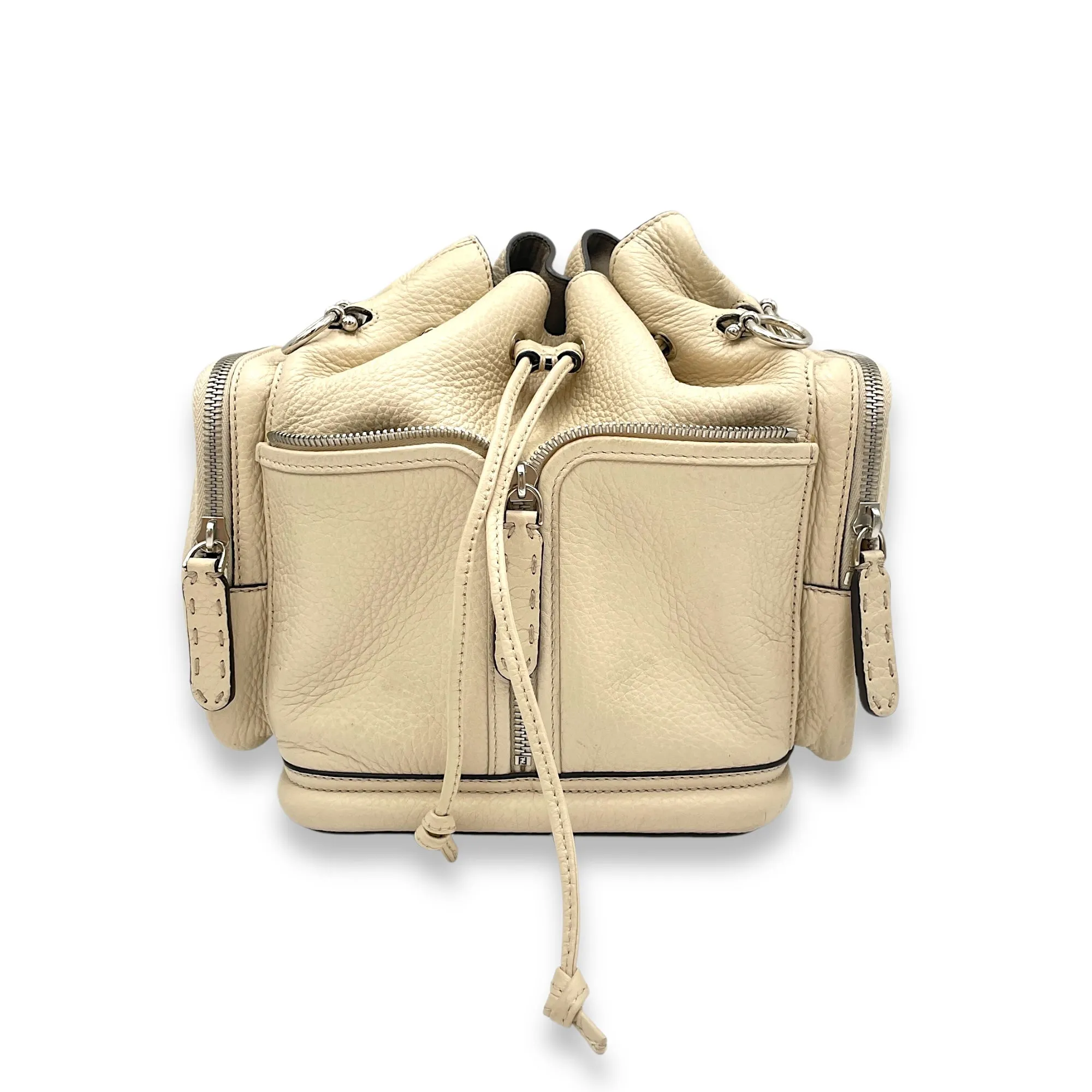 Mon Tresor Beige Bucket Bag in Calfskin, Silver hardware