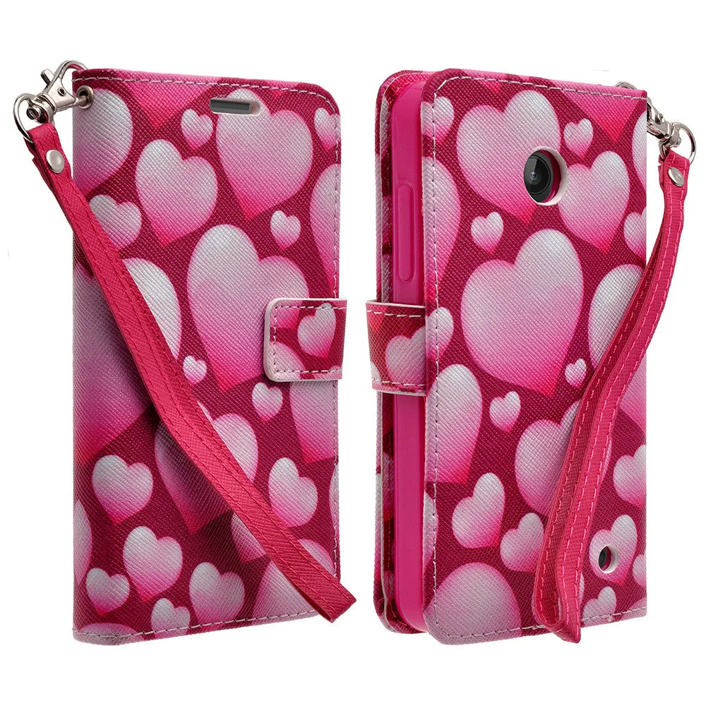 Nokia Lumia 635 Case, Nokia Lumia 635 Wallet Case, Slim Flip Folio [Kickstand] Pu Leather Wallet Case with ID & Card Slots & Pocket   Wrist Strap - Pink Hearts