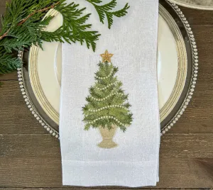 One Pair (2) European Linen Towel  with Embroidered Christmas Tree