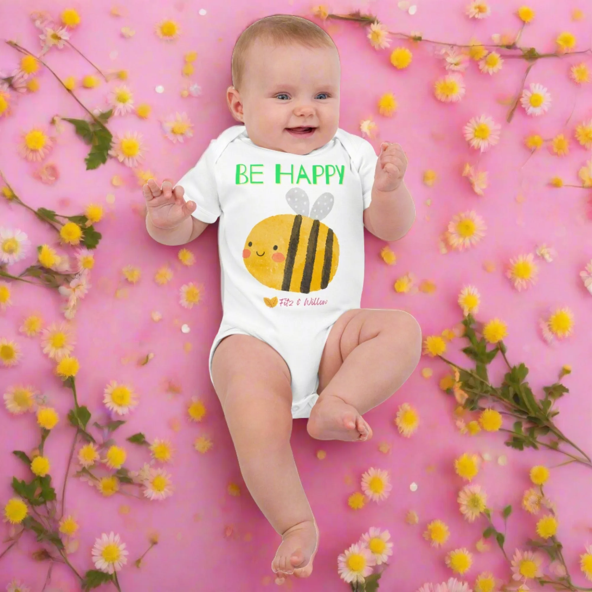 Organic cotton newborn bodysuit, Be Happy