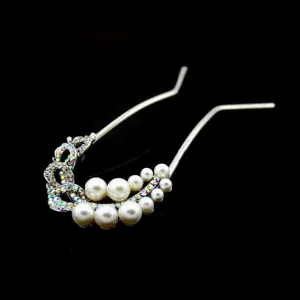 Pearl and Rhinestone 2-Prong Bridal Hair Stick Fork Leaves