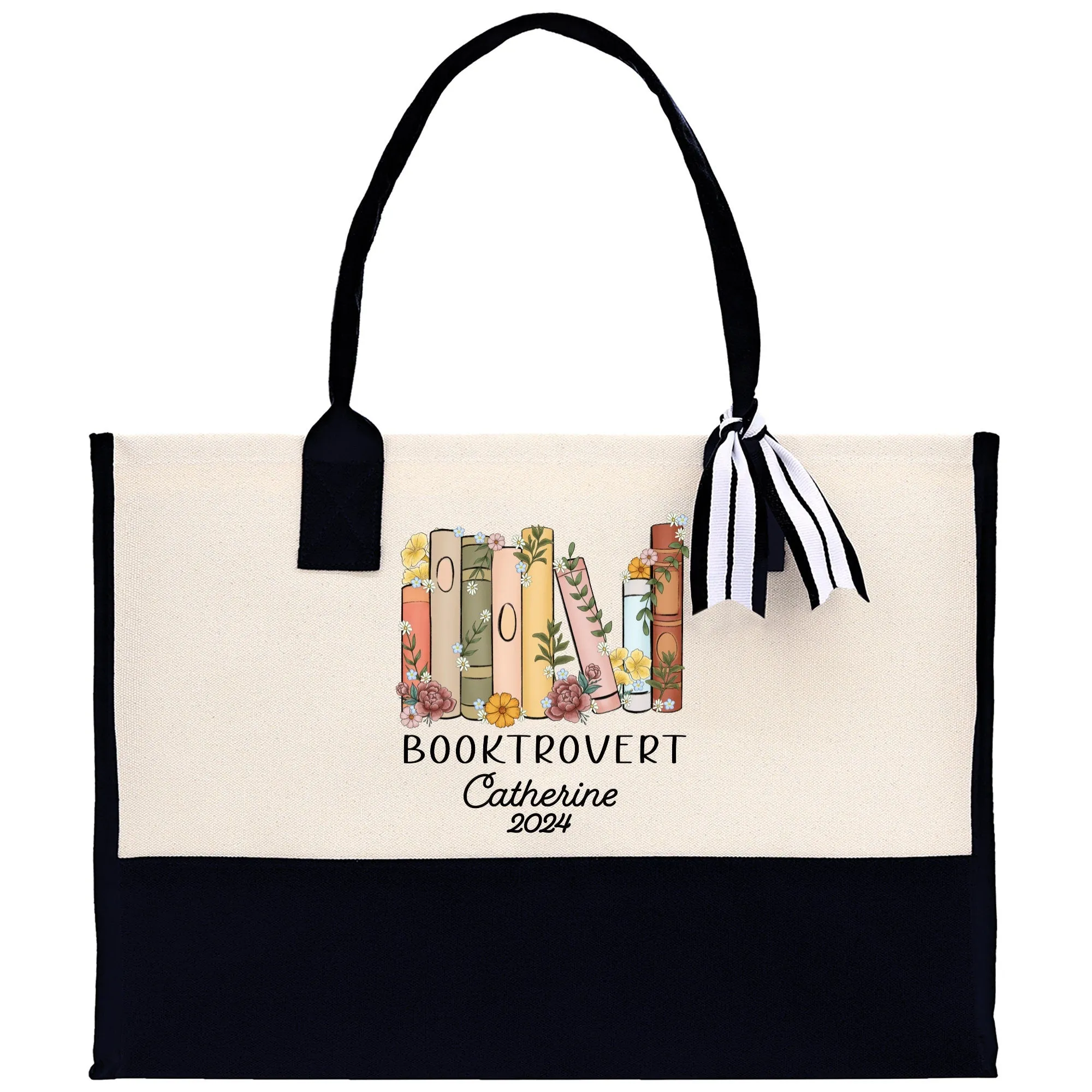 Personalized Booktrovert Cotton Canvas Tote Bag Custom Name Floral Bookish Bag Book Lover Tote Reader Tote Bag Librarian Gift Bag