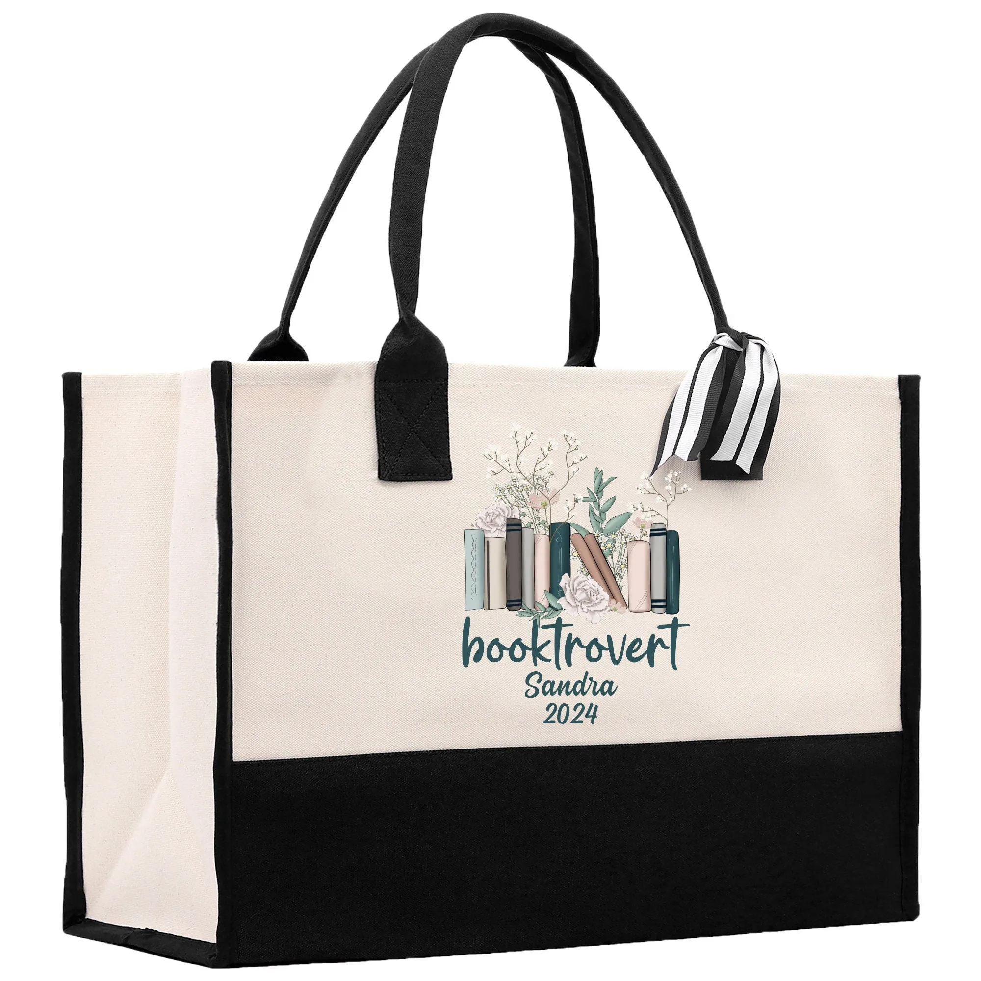 Personalized Booktrovert Cotton Canvas Tote Bag Custom Name Floral Bookish Bag Book Lover Tote Reader Tote Bag Librarian Gift Bag