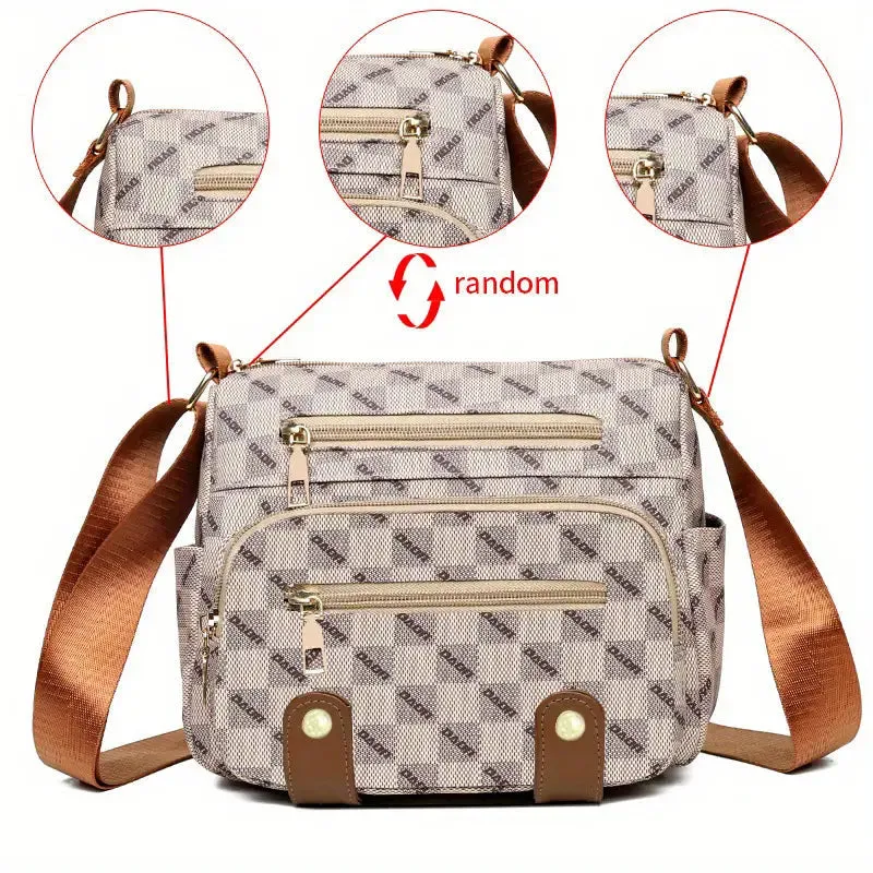 Plaid Pattern Crossbody Bag, Women's Multi Pockets Purse, Studded Decor Faux Leather Shoulder Bag