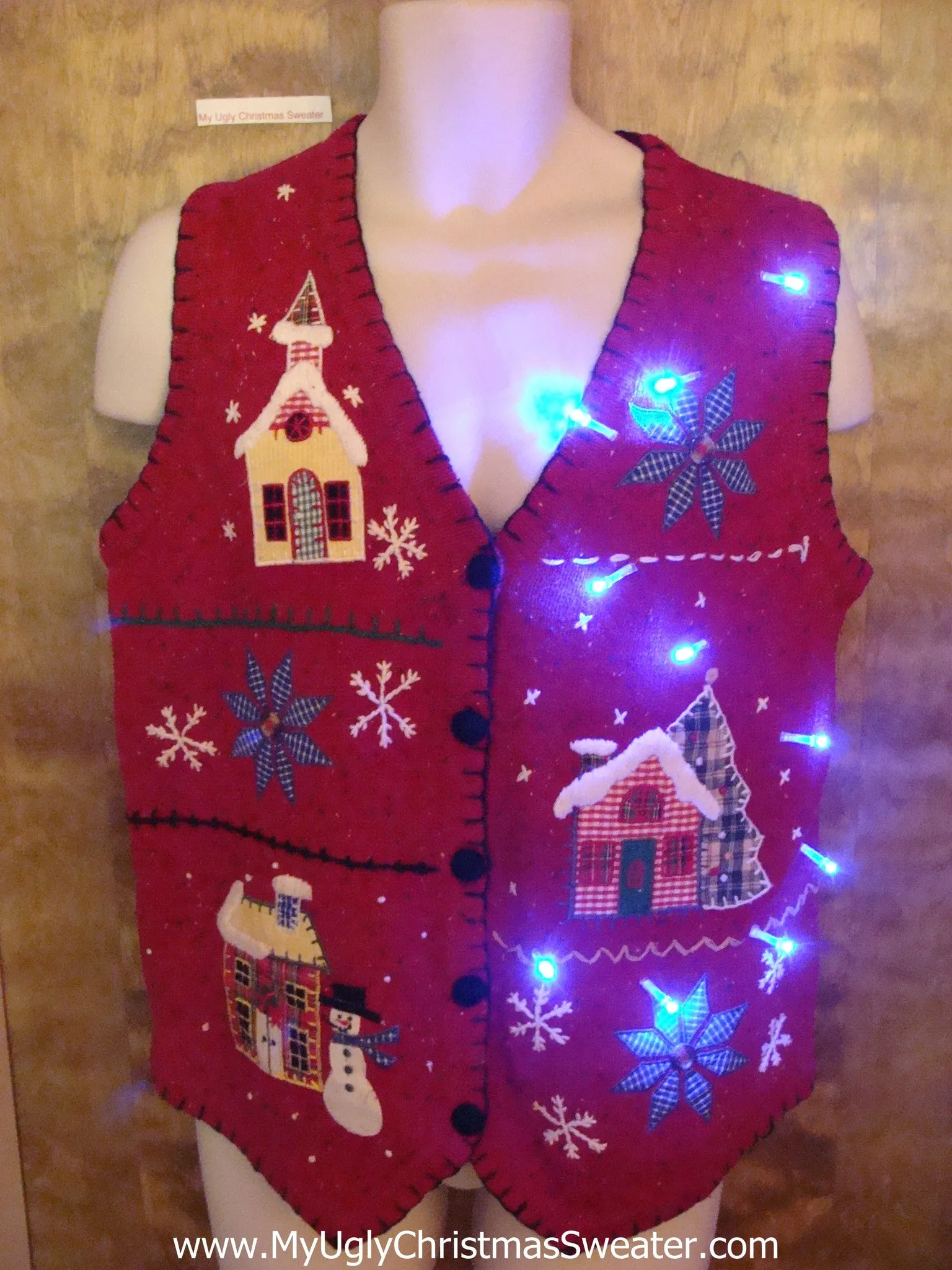 Plaid Town in the Snow Cute Christmas Sweater Vest with Lights