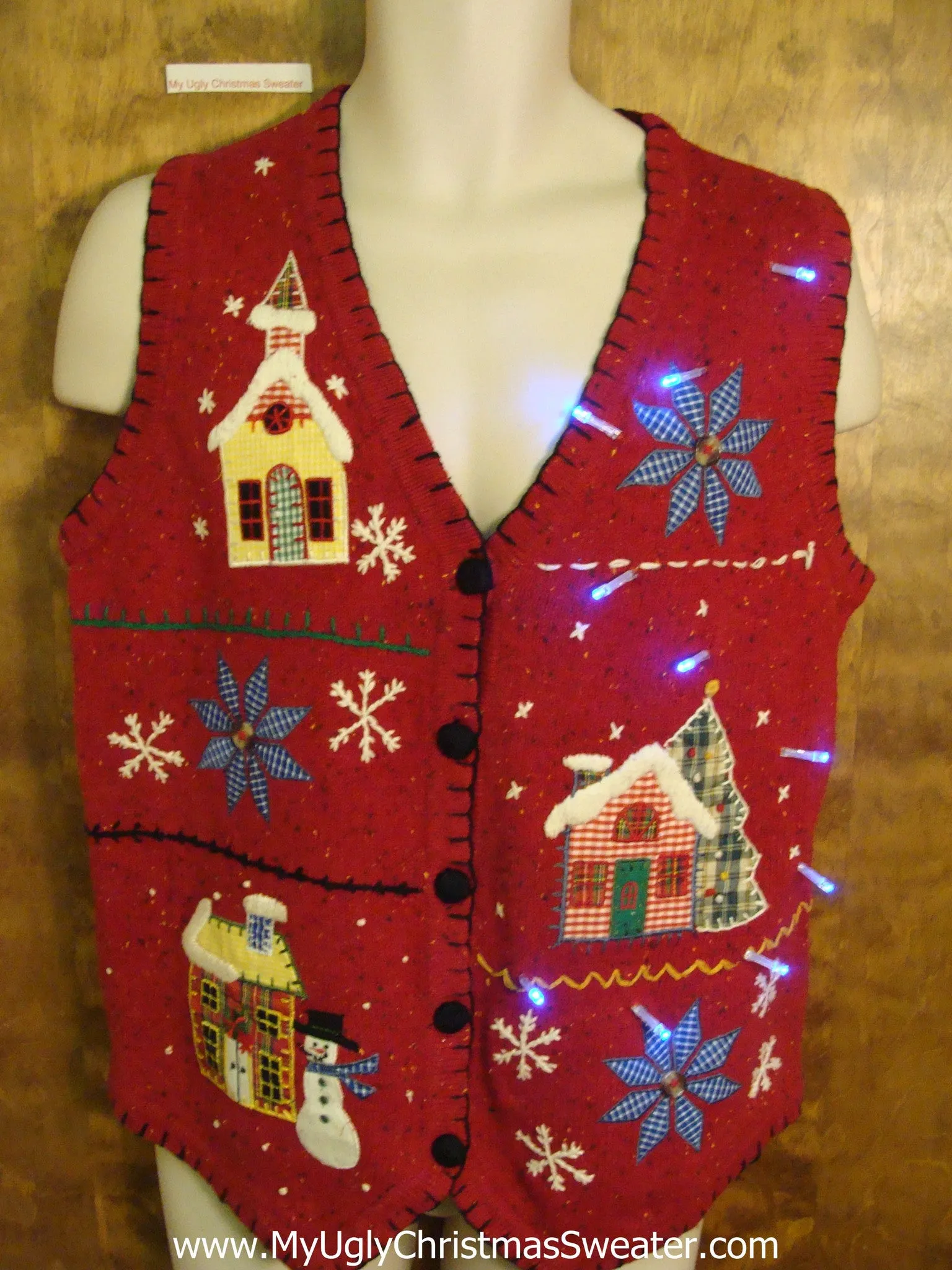 Plaid Town in the Snow Cute Christmas Sweater Vest with Lights