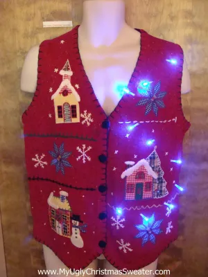 Plaid Town in the Snow Cute Christmas Sweater Vest with Lights