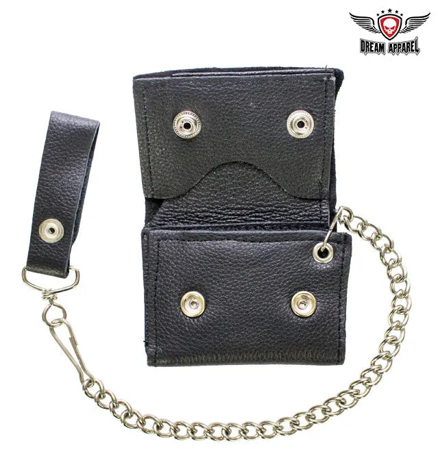 Premium Leather Plain Heavy Duty Black Biker Tri-Fold Chain Wallet