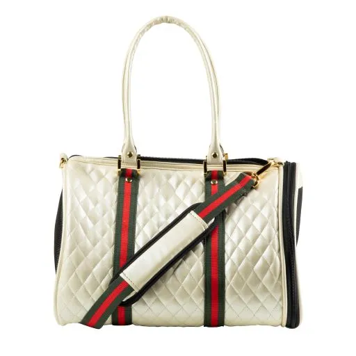 quilted ivory duffel with stripe