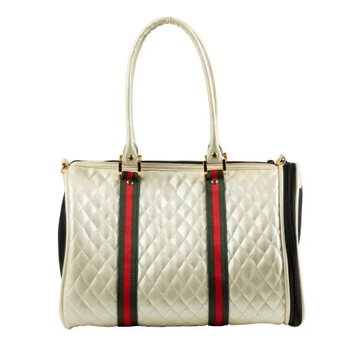 quilted ivory duffel with stripe