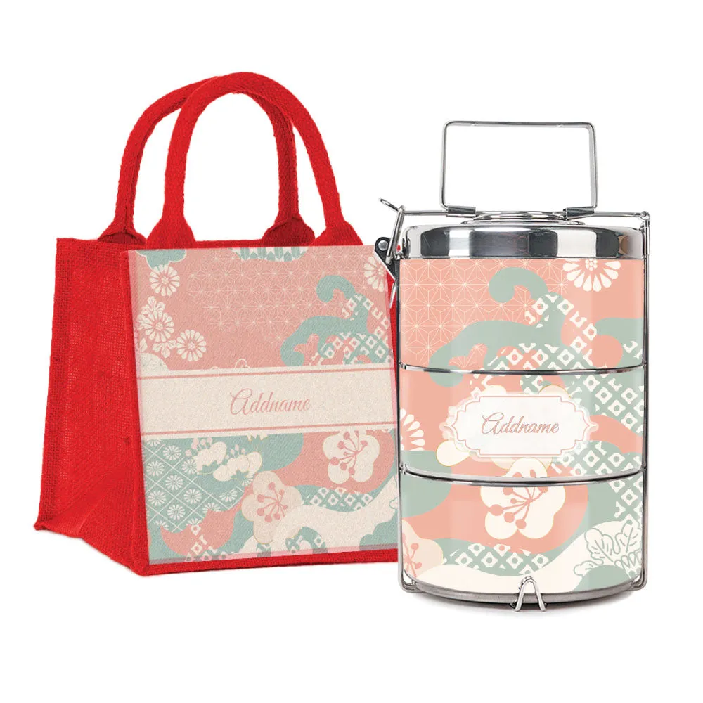 Rosy Cherry Blossom Oriental Series 3-Tier Premium Small 11.5cm Tiffin Carrier [FREE Custom Add Name]