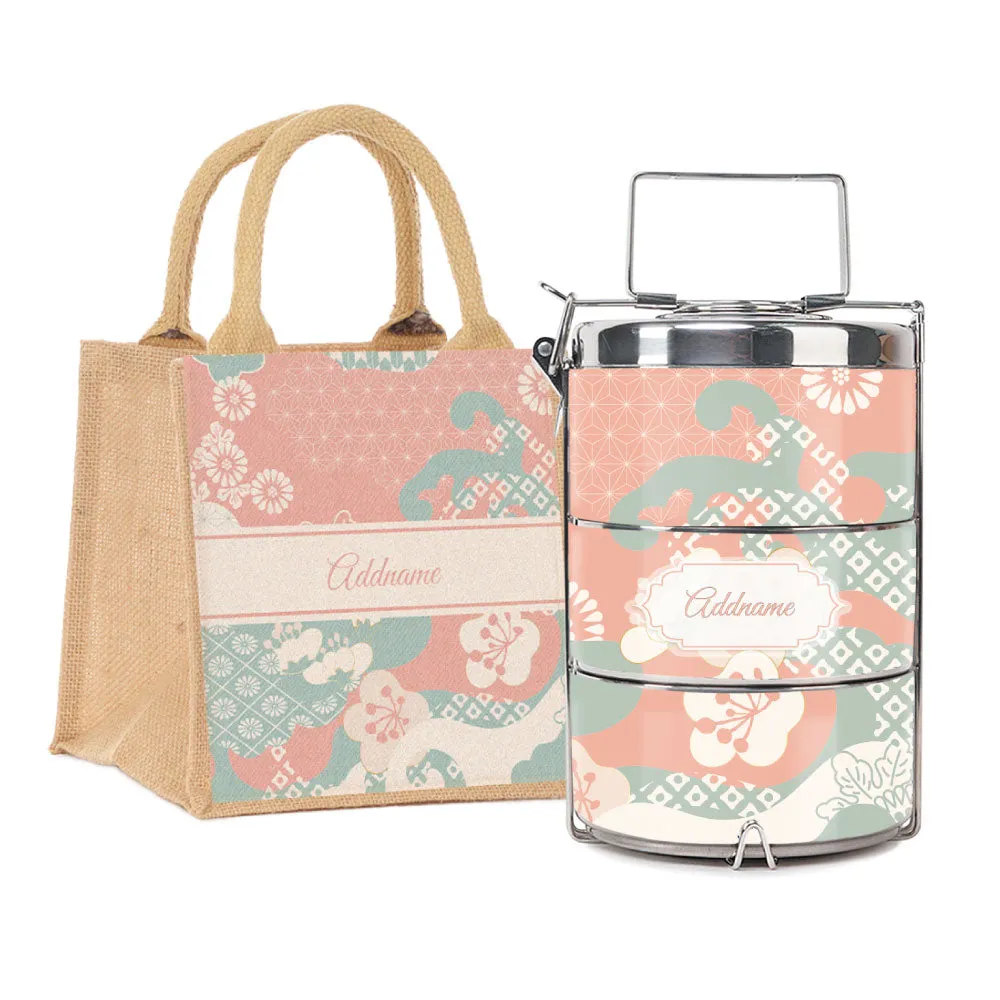 Rosy Cherry Blossom Oriental Series 3-Tier Premium Small 11.5cm Tiffin Carrier [FREE Custom Add Name]